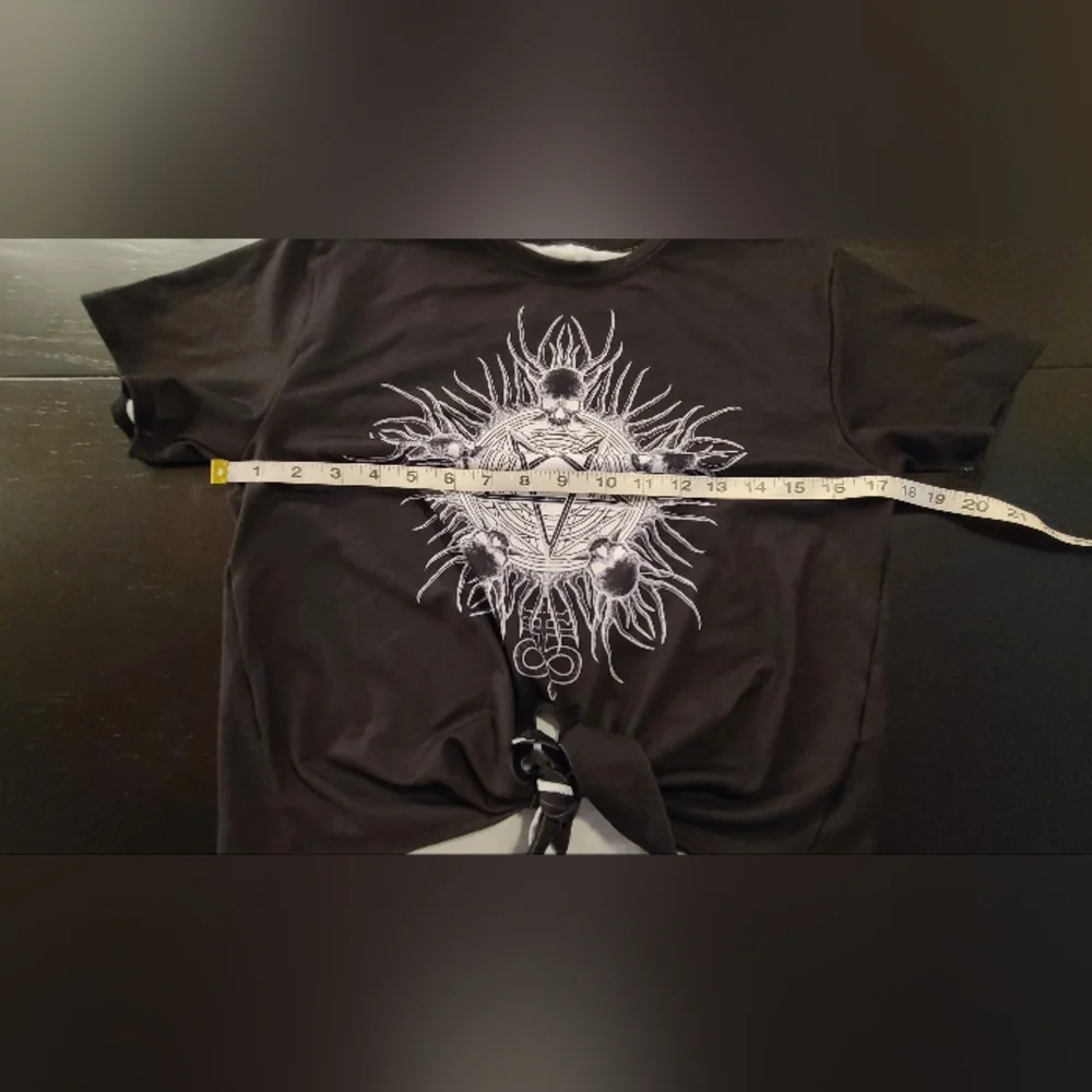 Blackmilk Tie Front Pentagram Skulls Tee, Black White, Small - Picture 3 of 5